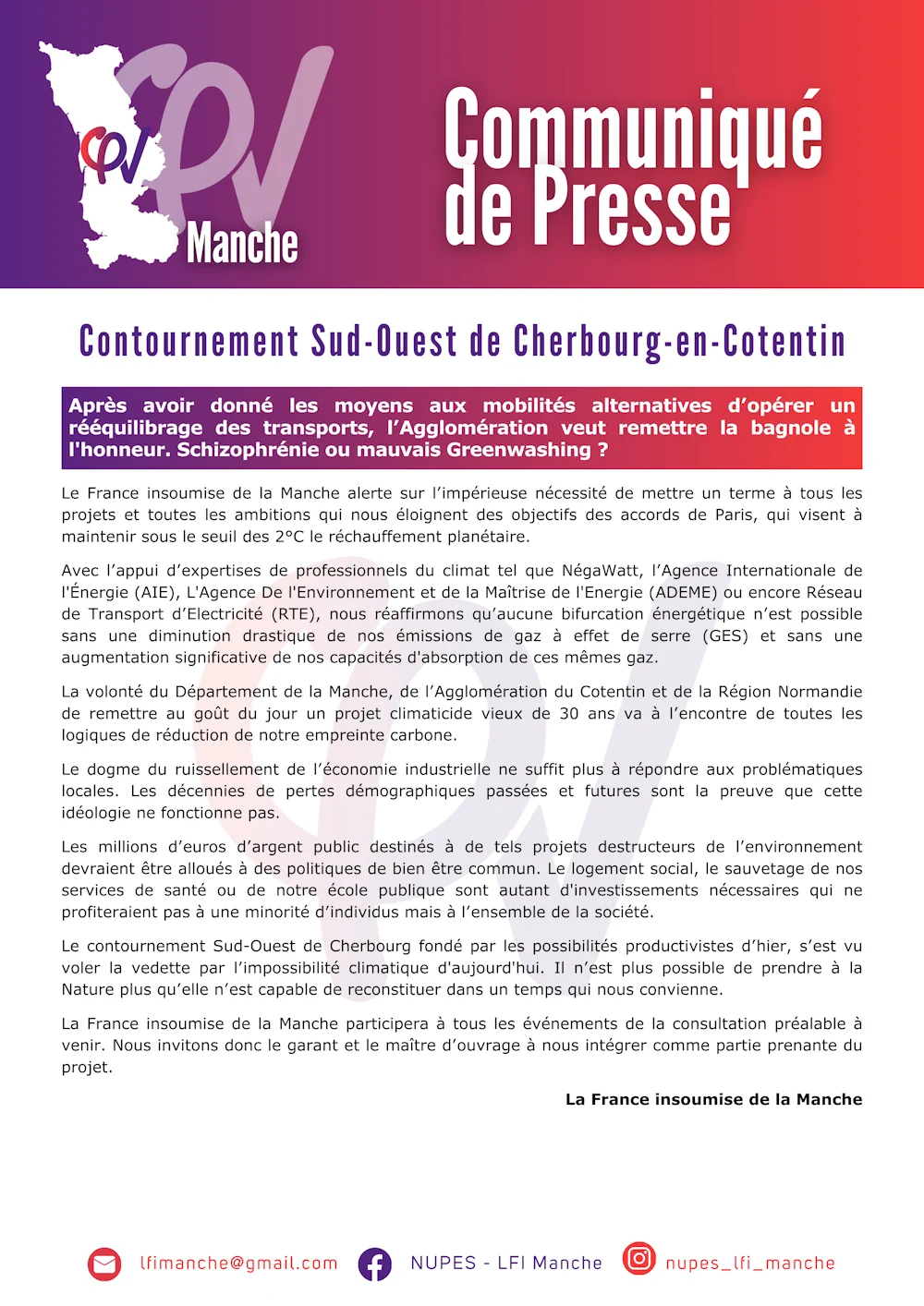 communique de presse contournement Sud Ouest de Cherbourg